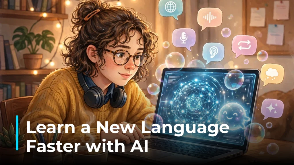 Learn a language with AI: illustration of a student learning a new language faster with an AI tutor